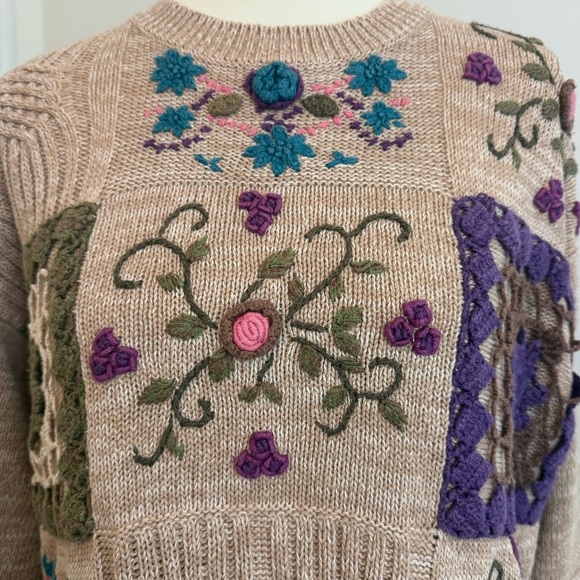 Vintage Ramie Cotton Floral Embroidered Chunky Knit Sweater Women’s L/XL Grandma - Picture 2 of 12